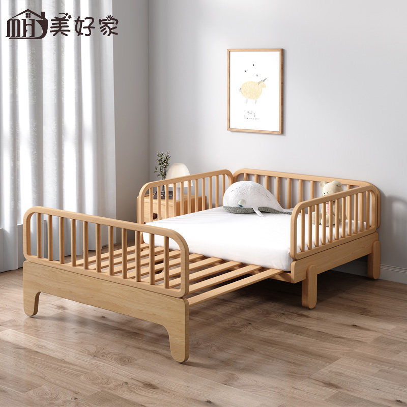 Large Bed Splicing Bed With Guardrails Newborn Child Bed Boy Solid Wood Princess Bed Girl Bedroom with push-pull extension