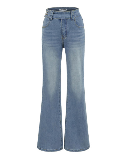 2025 new style mid-waist hip-raising high-waist stretch denim floor-length trousers washed and distressed fashionable long-leg boot-cut trousers