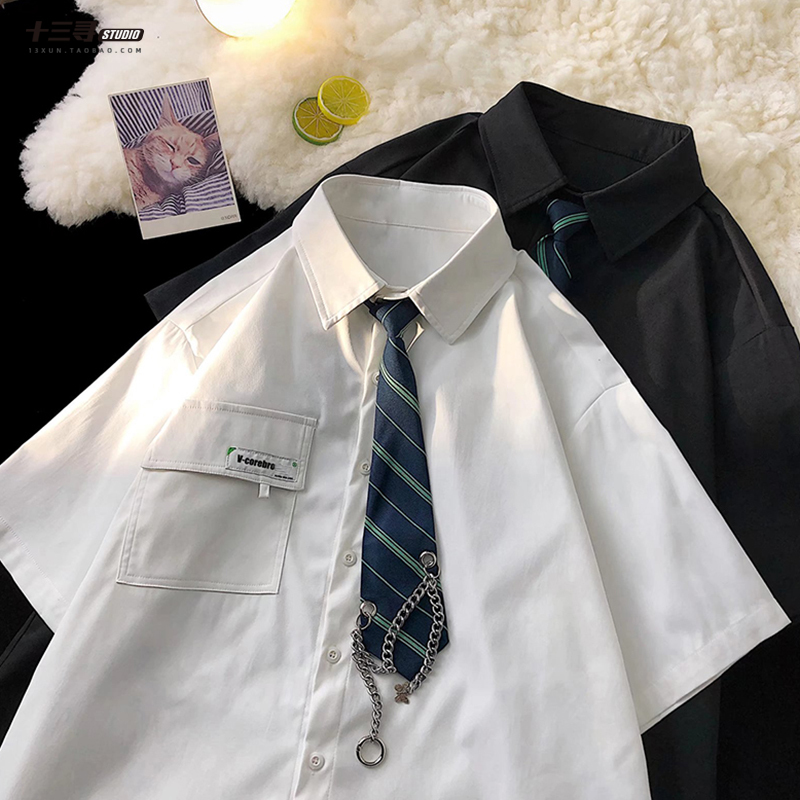 College Style Dk Uniform White Shirt Men's Short-Sleeved Summer Casual Hong Kong Style Japanese Couple Graduation Class Uniform Shirt Jacket