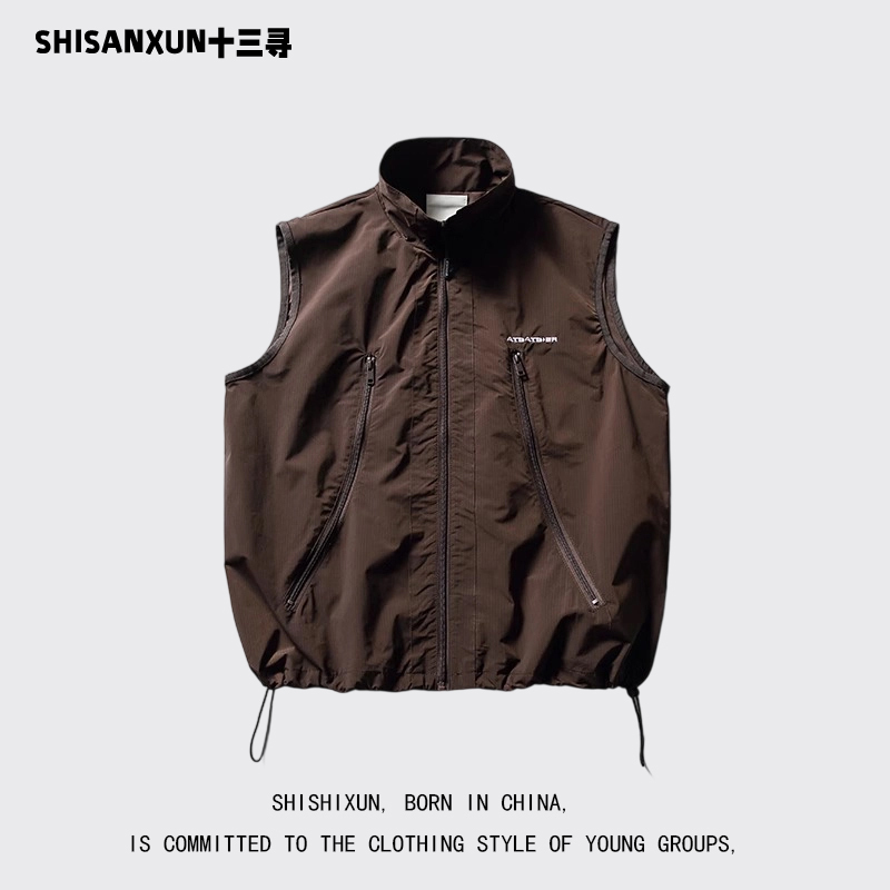 Shisanxun Stand-Up Collar Japanese Functional Style Jacket Vest for Men, Vintage Layered Loose Versatile Workwear Vest Trendy