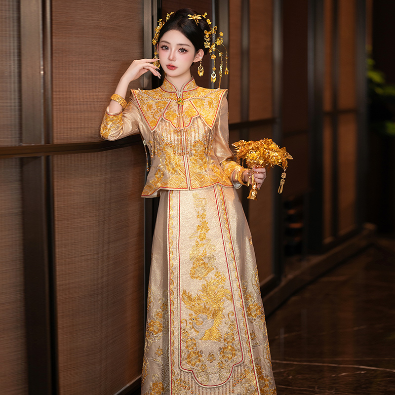 Xiuhe Dress 2026 New Style Bride Wedding Chinese-Style Wedding Dress Champagne Color Heavy Embroidery Wedding Dress Toast Dress Bridal Gown Summer Thin Style Xiuhe Dress 2026 New Style Bride Wedding Chinese-Style Wedding Dress Champagne Color Heavy Embroidery Wedding Dress Toast Dress Bridal Gown Summer Thin Style