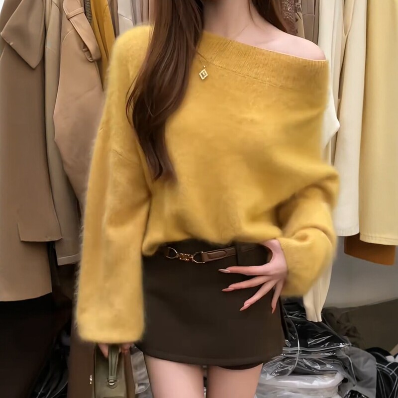 Korean Style Off-Shoulder Knit Sweater for Women, New Autumn and Winter Loose Fit, Slimming, High-End, Very Stylish Sweater