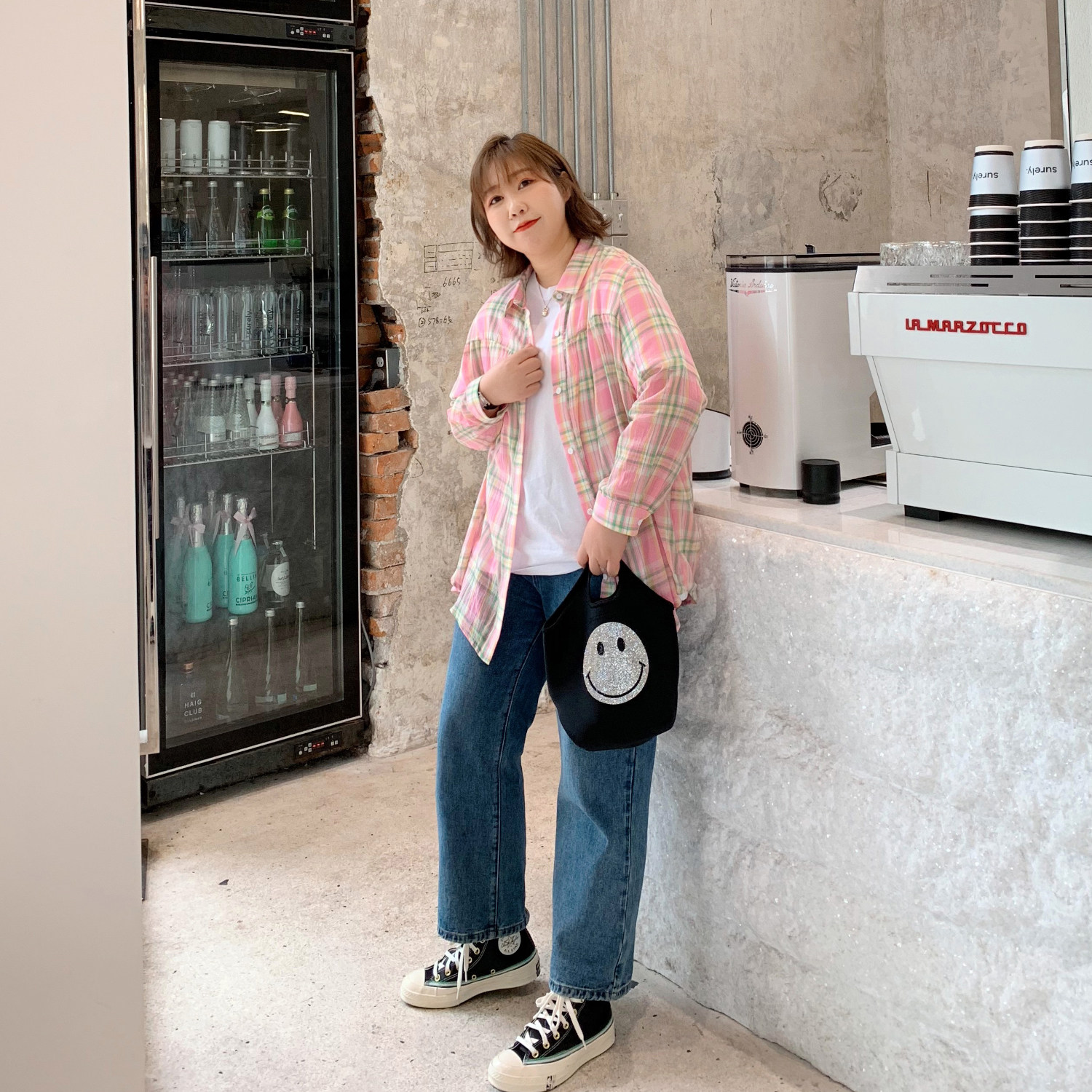 ALIN custom large size women's plaid shirt women's fat mm spring and autumn new loose outer wear all-match casual top