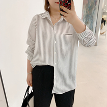 ALIN custom large size womens vertical striped shirt womens fat mm2020 spring and summer wild casual loose coat shirt