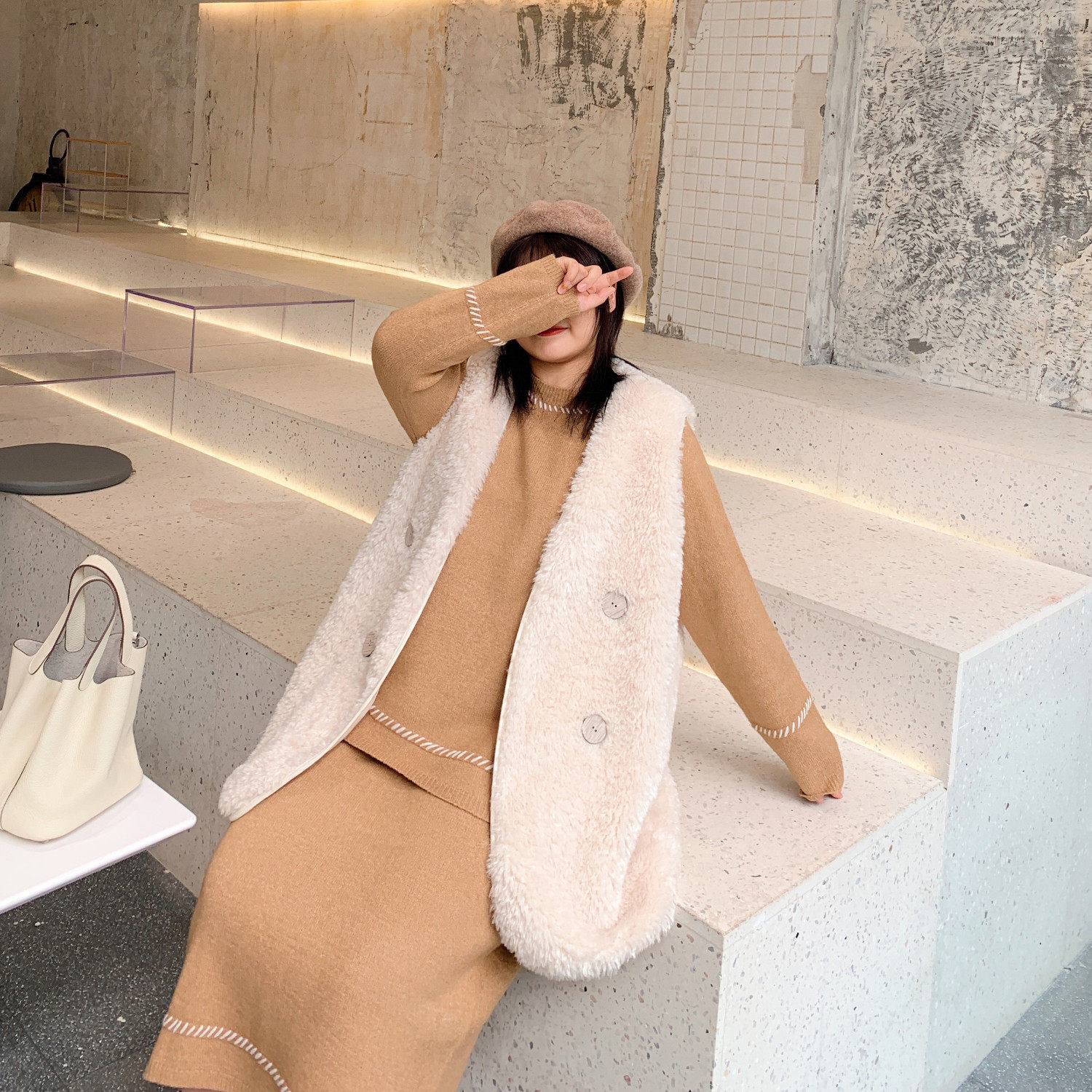 ALIN large size custom knitting sweater half skirt suit female 2019 new shade slim two pieces of winter pie