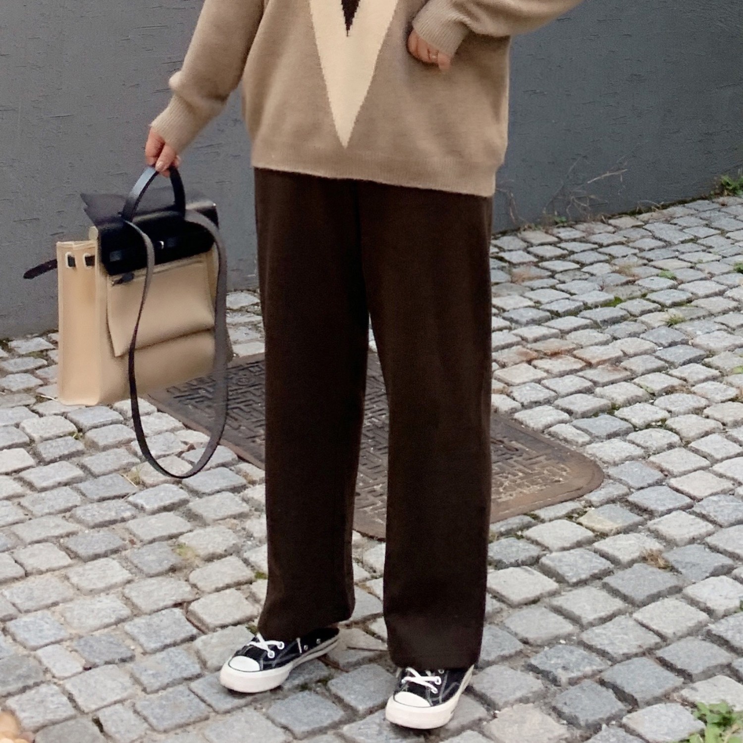 ALIN large size custom loose wide-leg pants women's fat mm autumn and winter plus velvet all-match elastic waist straight nine-point pants