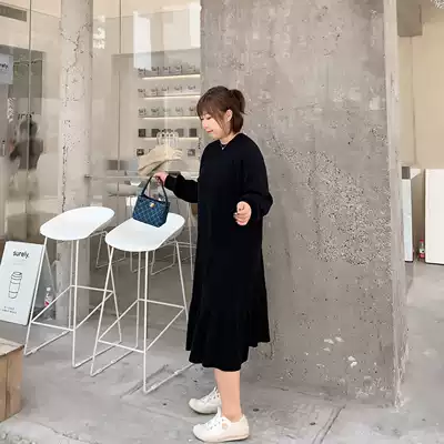 ALIN custom large size fat mm knitted dress 2019 Autumn New loose slim long sleeve ruffle skirt