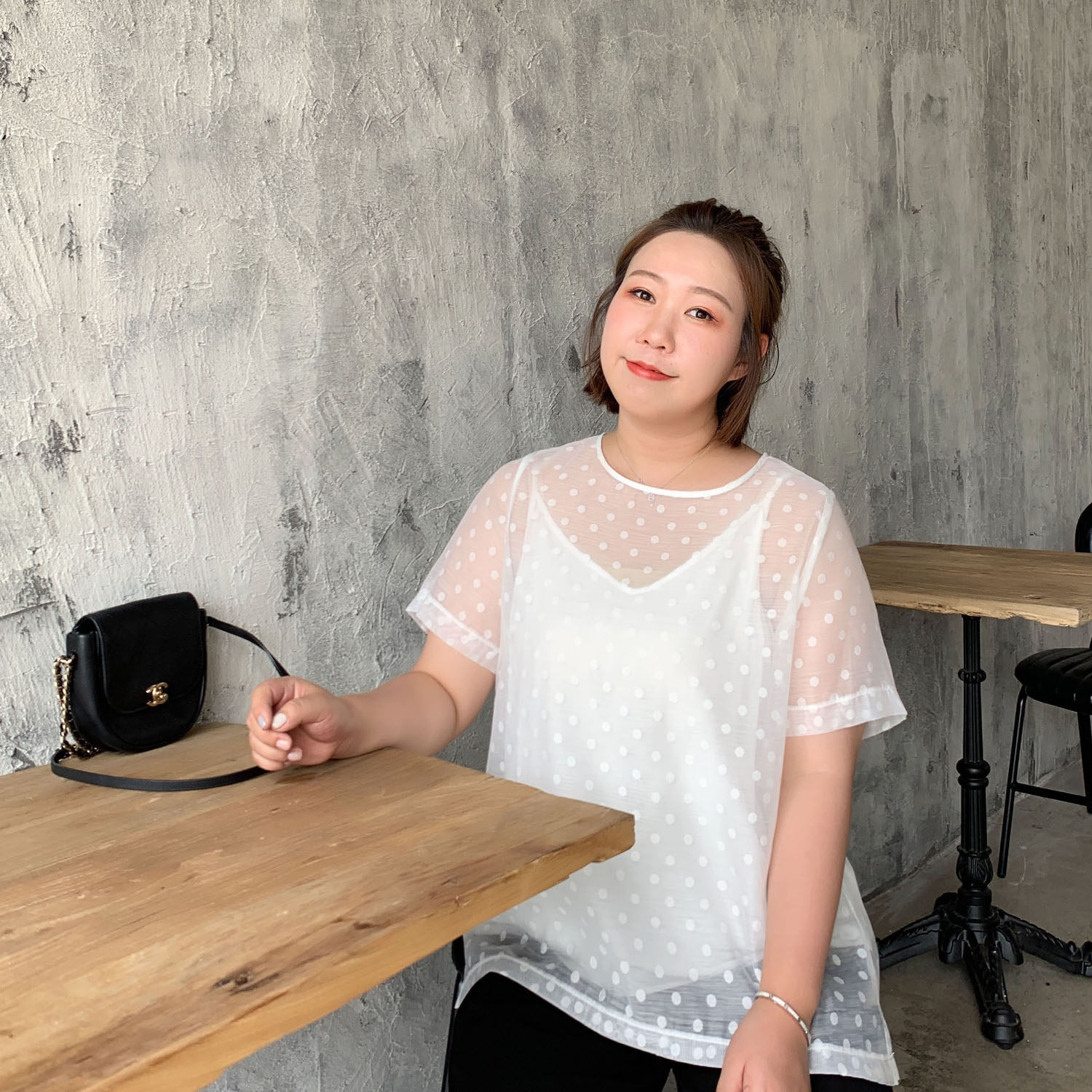 ALIN custom large size women's micro perspective wave point top 2019 summer fat mm loose delicate tencel short sleeves