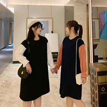 ALIN custom large size fat mm dress autumn 2019 new cover meat thin color color fake two medium length skirt