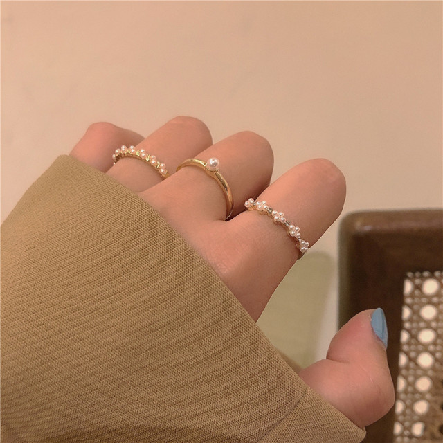 Pearl ring set 3-piece ~ Combination three-piece ring ins temperament Korean sweet food ring ວົງແຫວນອະເນກປະສົງສຳລັບຜູ້ຍິງ