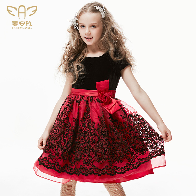 Ai 'an Jiu Spring Black and Red Velvet Girls' Dress Princess Dress Puffy Dress Birthday Dress Piano Performance Evening Dress
