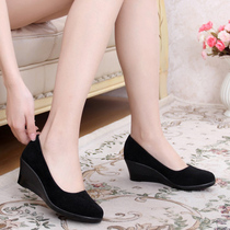 Spring and summer new old Beijing cloth shoes womens shoes single shoes wedge flat hotel high heel black work shoes dancing shoes women