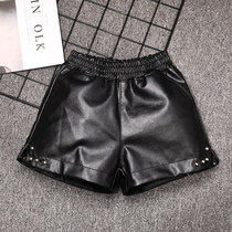 Girl leather shorts for outside wearing spring winter style foreign air nails button foreign air baby PU leather plus suede children pants CUHK