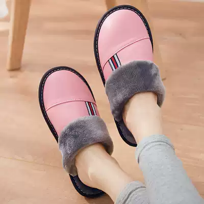 Winter men and women home leather surface warm cotton slippers home indoor floor home soft bottom non-slip wool slippers