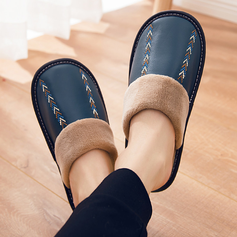 Winter men and women home indoor leather warm cotton slippers home floor non-slip soft bottom wool slippers home couple