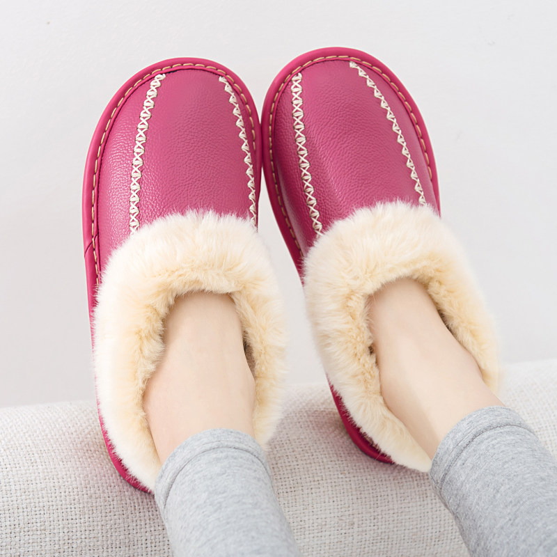 Men's and women's bags with leather cotton slippers winter couples non-slip home indoor floor warm home home home cotton shoes