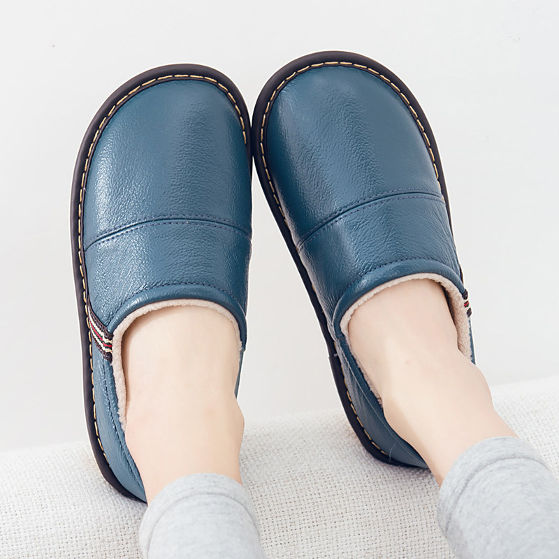 Winter leather cotton slippers women's bag with home couple confinement cotton shoes non-slip floor indoor wool warm shoes men