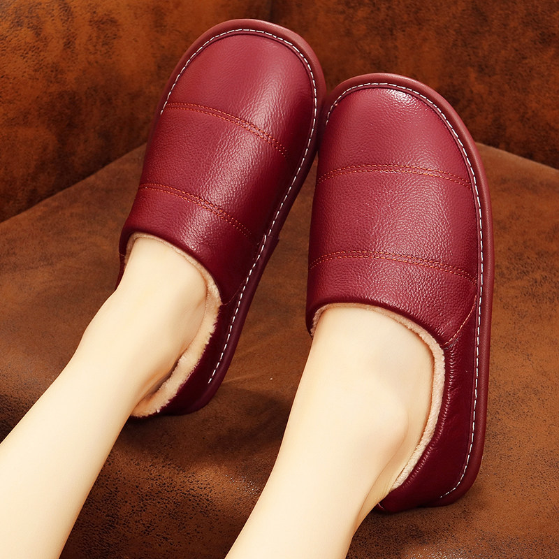 Winter Bag Heel Cotton Shoes Men And Women's Home Wood Floors Genuine Leather Slippers Non-slip Thick Bottom Home Warm Cotton Slippers