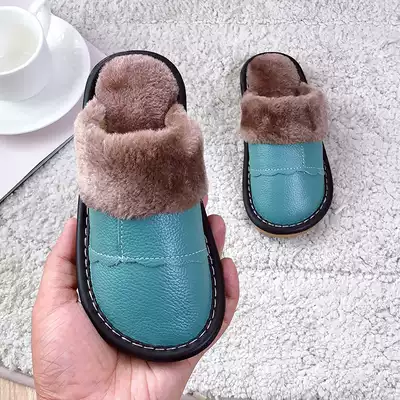 Home warm children's waterproof leather slippers for children men and women waterproof non-slip autumn and winter warm children cotton tow