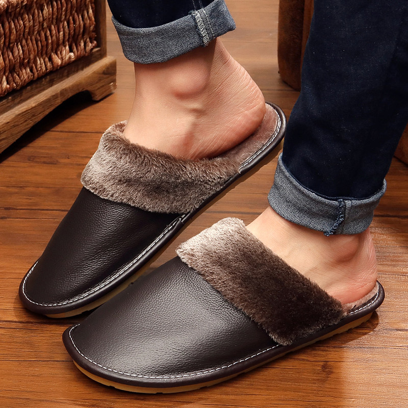 Winter home genuine leather warm cotton slippers for men and women autumn and winter indoor household non-slip thick bottom lovers woolen shoes