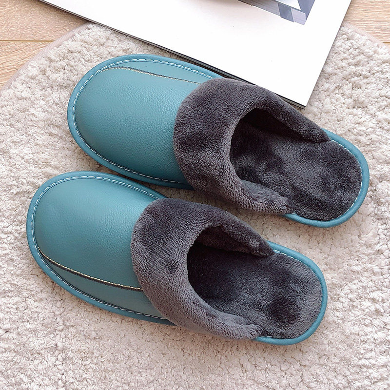 Haining leather surface cotton slippers men and women winter home indoor waterproof non-slip thick bottom warm leather shoes home