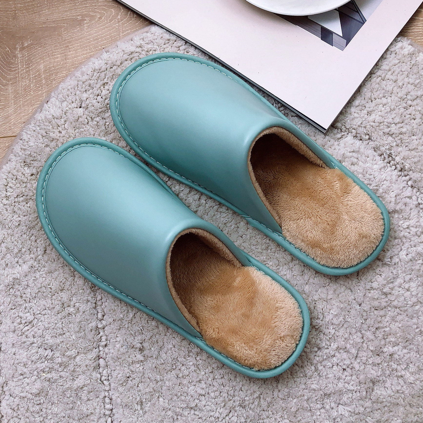 Cotton Slippers Women Autumn Winter Home Lovers Indoor Thick Bottom Residence Winter PU Fur Tug Tug Shoes Male Non-slip