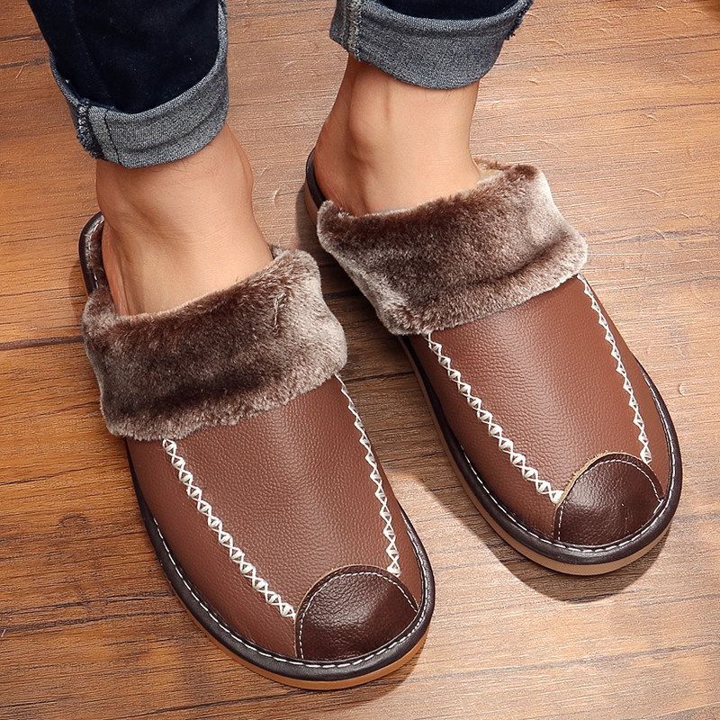Winter Genuine Leather Home Warm Cotton Slippers for men and women Home Autumn Winter Sky Indoor Wood Flooring Non-slip Thick bottom slippers