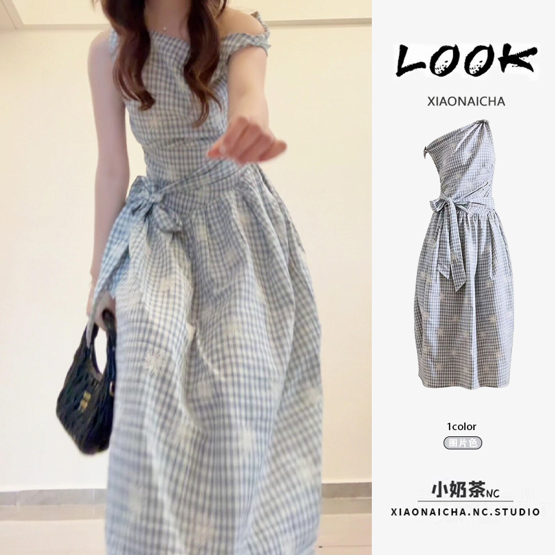 French Retro Plaid Twisted Shoulder Strap Embroidered Dress for Women, Summer Design, Fashionable Bow Tie Waist-Cinching Long Dress