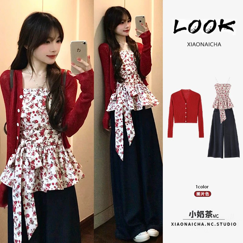 French Retro Red Floral Tube Top Suspender Knit Cardigan Set for Women Summer High-Waisted Wide-Leg Pants Three-Piece Set