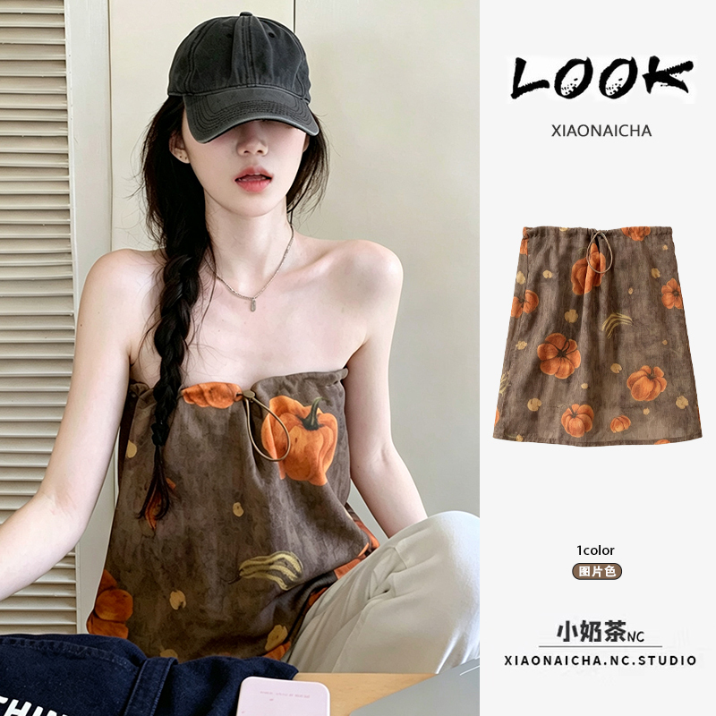 French Retro Pumpkin Print Tube Top for Women, New Summer Design, Unique and Slimming, Two-Way Drawstring Skirt
