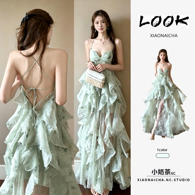 Seaside Resort Style Mint Green Ruffled Mesh Suspender Dress for Women Summer Waist Slimming Beach Long Dress Seaside Resort Style Mint Green Ruffled Mesh Suspender Dress for Women Summer Waist Slimming Beach Long Dress