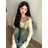 Сексуальное термобелье, приятный телу лонгслив, французский стиль, открытые плечи, осеннее, V-образный вырез