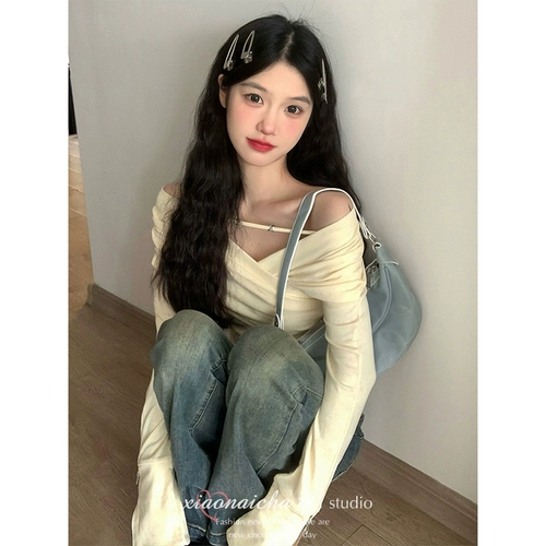 Сексуальное термобелье, базовый приятный телу лонгслив, французский стиль, открытые плечи, осеннее, V-образный вырез