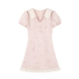 Розовая летняя милая кружевная мини-юбка, французский стиль, в стиле Шанель, V-образный вырез, рукава фонарики, подходит для подростков, кружевное платье, А-силуэт