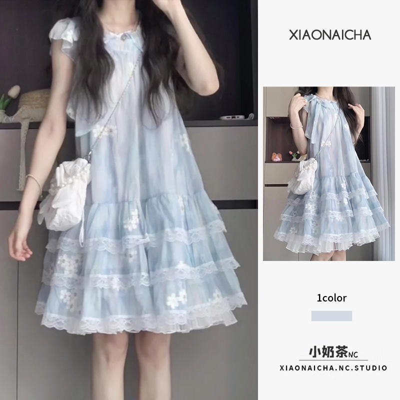 French Sweet Style Blue Floral Short-Sleeved Dress for Women, New Summer Style Petite Fairy Cake Dress Short Skirt French Sweet Style Blue Floral Short-Sleeved Dress for Women, New Summer Style Petite Fairy Cake Dress Short Skirt