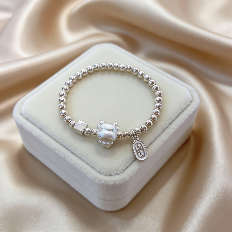999 Pure Silver Children's Silver Bracelet Zodiac Ox Bracelet Silver Bead Bracelet Parent-Child Boy Bracelet Gift for Sisters