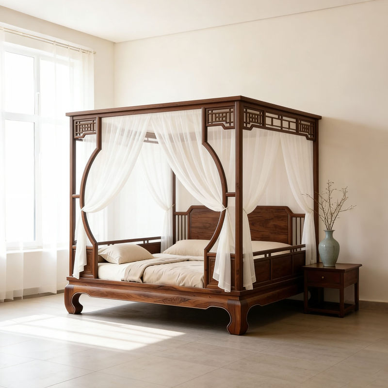 New Chinese-Style North American Black Walnut Frame Bed with Song-Style Aesthetics, Solid Wood Four-Poster Bed for Bedroom, Double Bed for Home Use