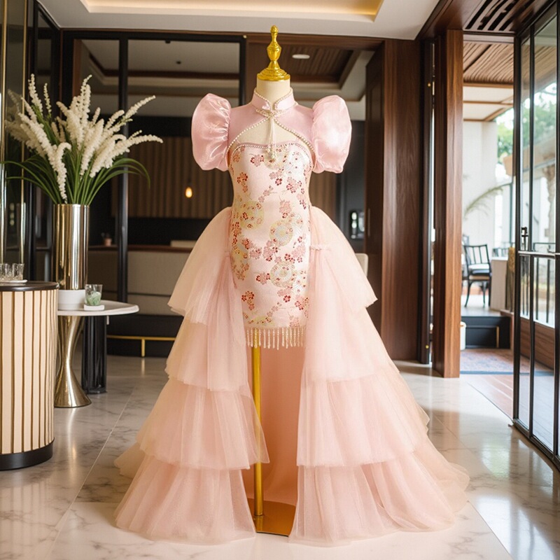 Girls' Chinese-Style Cheongsam, Kidsren's Pink Trailing Dress, Classy and Stylish Girl's Catwalk Host Princess Dress Girls' Chinese-Style Cheongsam, Kidsren's Pink Trailing Dress, Classy and Stylish Girl's Catwalk Host Princess Dress