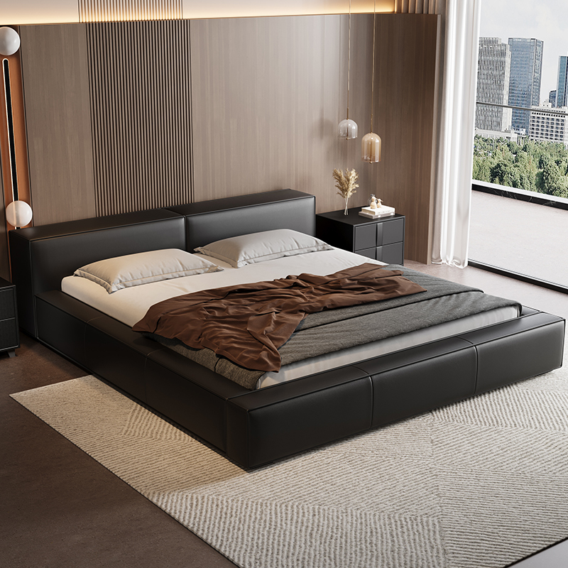 Italian Minimalist Genuine Leather Bed for Master Bedroom, 2m X 2.2m Large Bed, Light Luxury Tofu Block Bed, Low Headboard Bed, Floor-Standing Double Bed Italian Minimalist Genuine Leather Bed for Master Bedroom, 2m X 2.2m Large Bed, Light Luxury Tofu Block Bed, Low Headboard Bed, Floor-Standing Double Bed