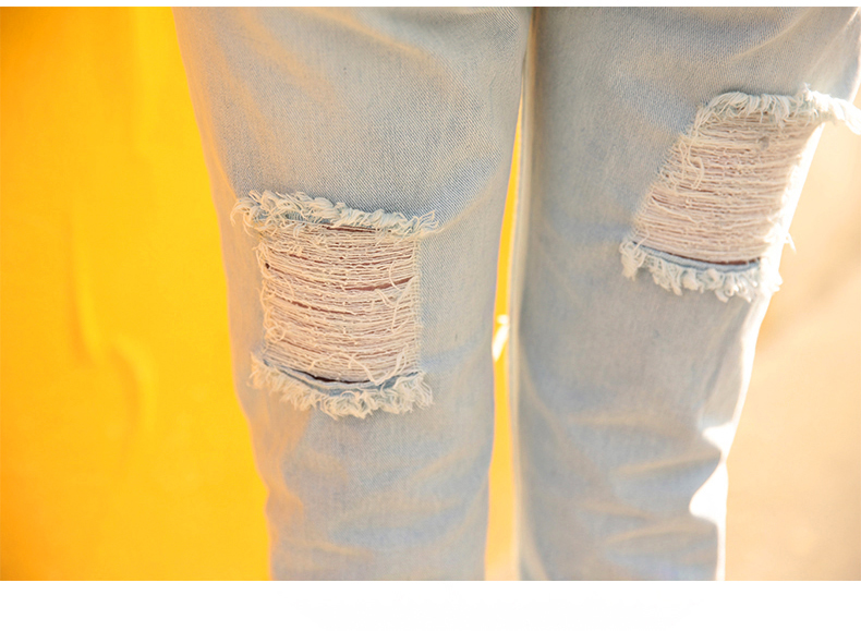 Daixi phụ nữ mang thai mùa hè ăn mặc lỗ rửa jeans cắt quần chân quần cũ mang thai dạ dày quần thang J7418