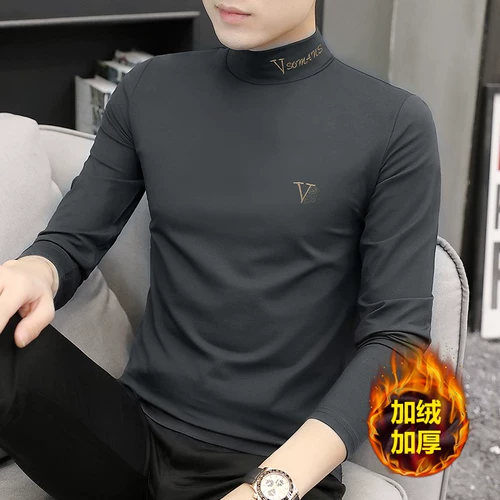 Мужской демисезонный утепленный трендовый бархатный удерживающий тепло приятный телу лонгслив, высокий воротник, с вышивкой