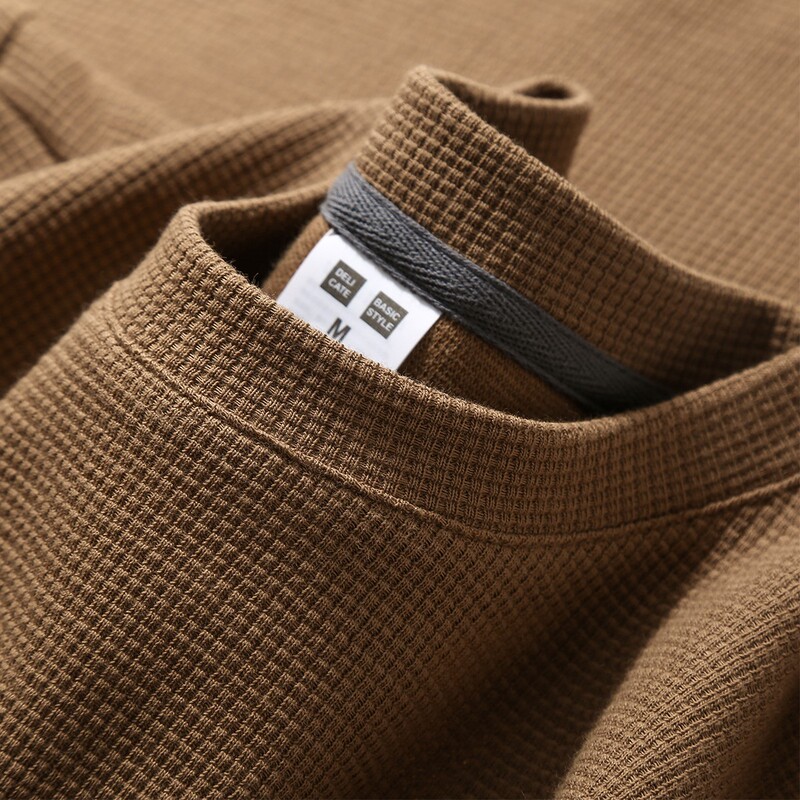 Marolio~ Mocha-Colored Waffle Texture! Exported to the Usa, Short-Sleeved T-Shirt, Solid Color, Regular Shoulder Style, Versatile Top for Men