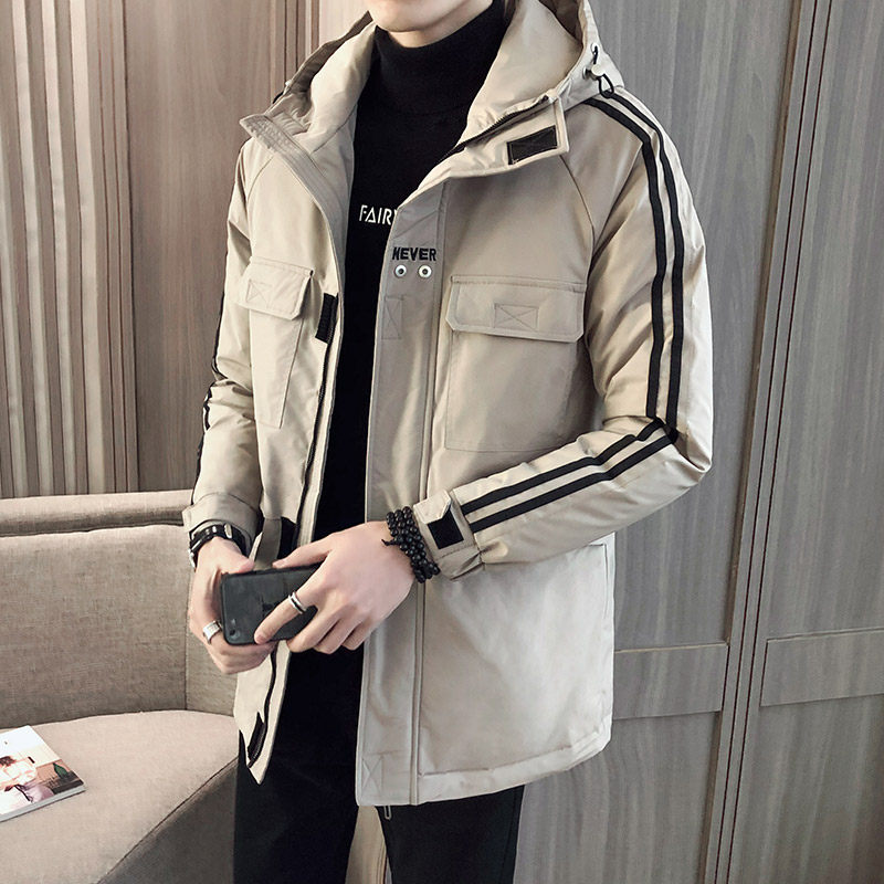 Long style popular logo winter plush thickened Korean fashion handsome hooded down cotton jacket men's coat