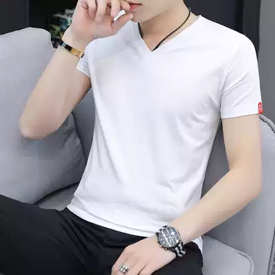 Short sleeve T-shirt men summer thin silk cotton Ice Silk V collar men half sleeve solid color Tide brand Slim fashion shirt men
