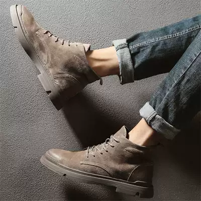 Martin boots men's leather spring plus velvet Korean version of the trend high-barrel tooling boots all-match middle-barrel men's boots British trend shoes