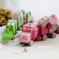 Wooden dragging three-section building block puzzle tower train cartoon solid wood childrens grasp large particle puzzle train for men and women CM