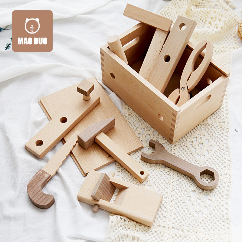 Play house wine woodworking toy boy simulation toolbox solid wood box repairman nut combination hands-on coordination
