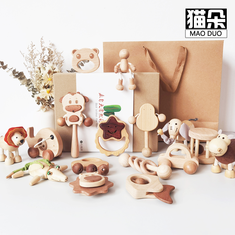 Baby toy newborn rattle one year old March baby newborn newborn 100 days gift solid wood mouth desire period bite