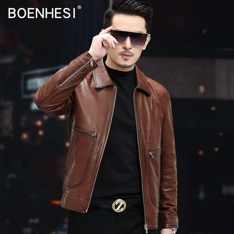 New Haining genuine leather jacket lapel single leather jacket short top layer oil wax sheepskin motorcycle jacket spring and autumn