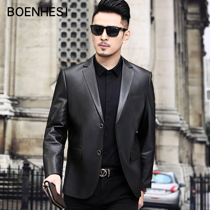 The new Haining leather leather jacket single leather men's business casual fashion leather suit Korean version slim short single coat